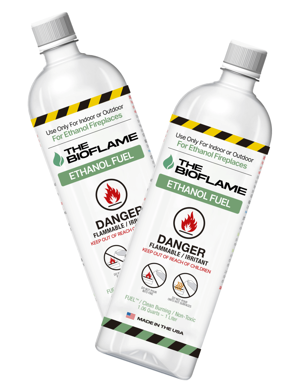 Two white bottles of Bio Flame ethanol fuel. The label on both bottles reads, “Use only for indoor or outdoor for ethanol fireplaces. The BioFlame ethanol fuel. Danger. Flammable Keep out of reach of children. Fuel/Clean burning/ Non-Toxic, 1.06 Quarts - 1 Liter. Made in the USA”